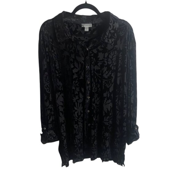Catherines Size 3x Button Front Velvet Burnout Black Blouse Top Floral Sheer - Picture 2 of 9